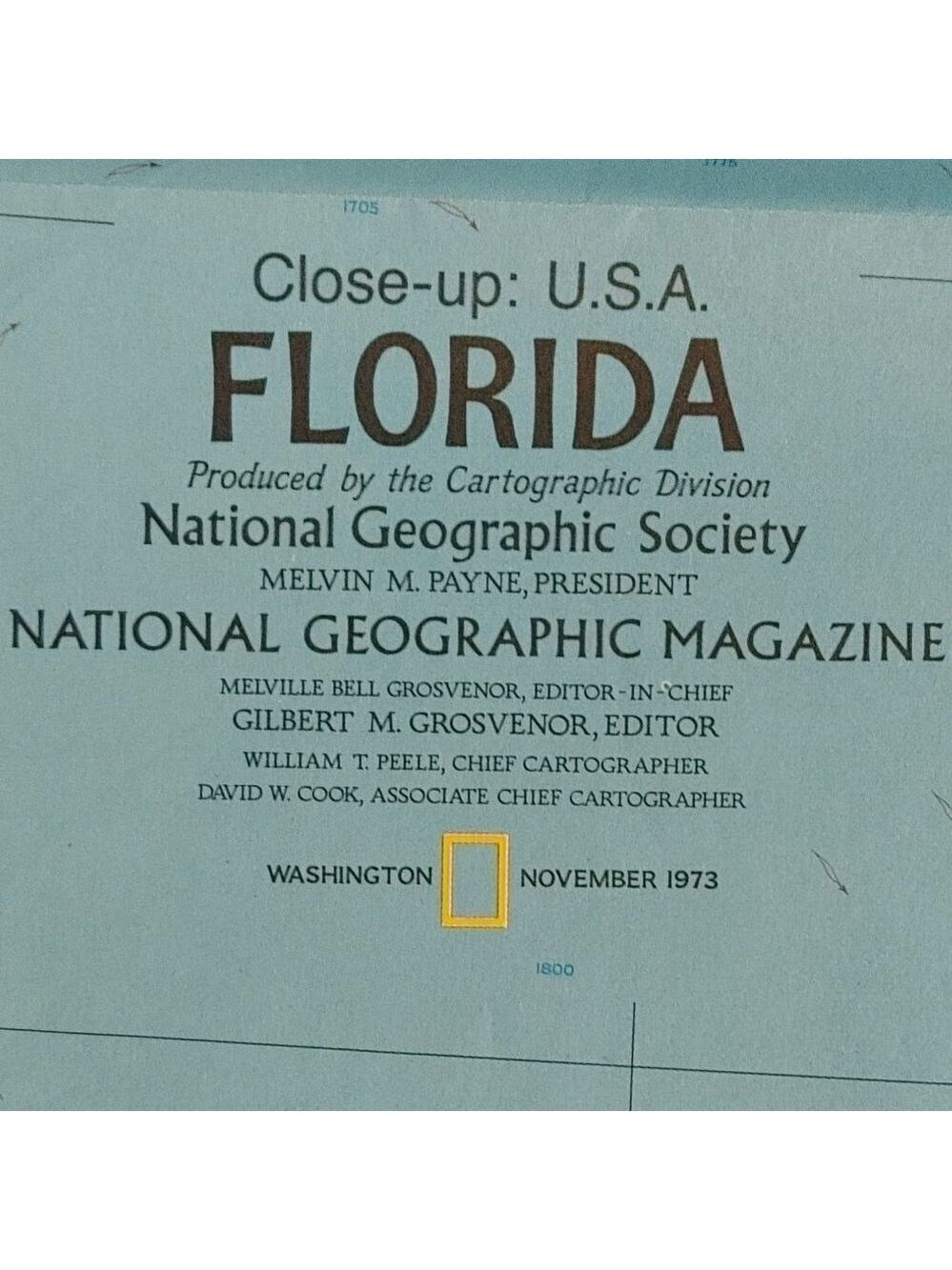 NATIONAL GEOGRAPHIC CLOSE UP MAP OF FLORIDA November 1973